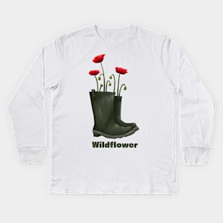 Wildflower Poppies in Rainboots Kids Long Sleeve T-Shirt